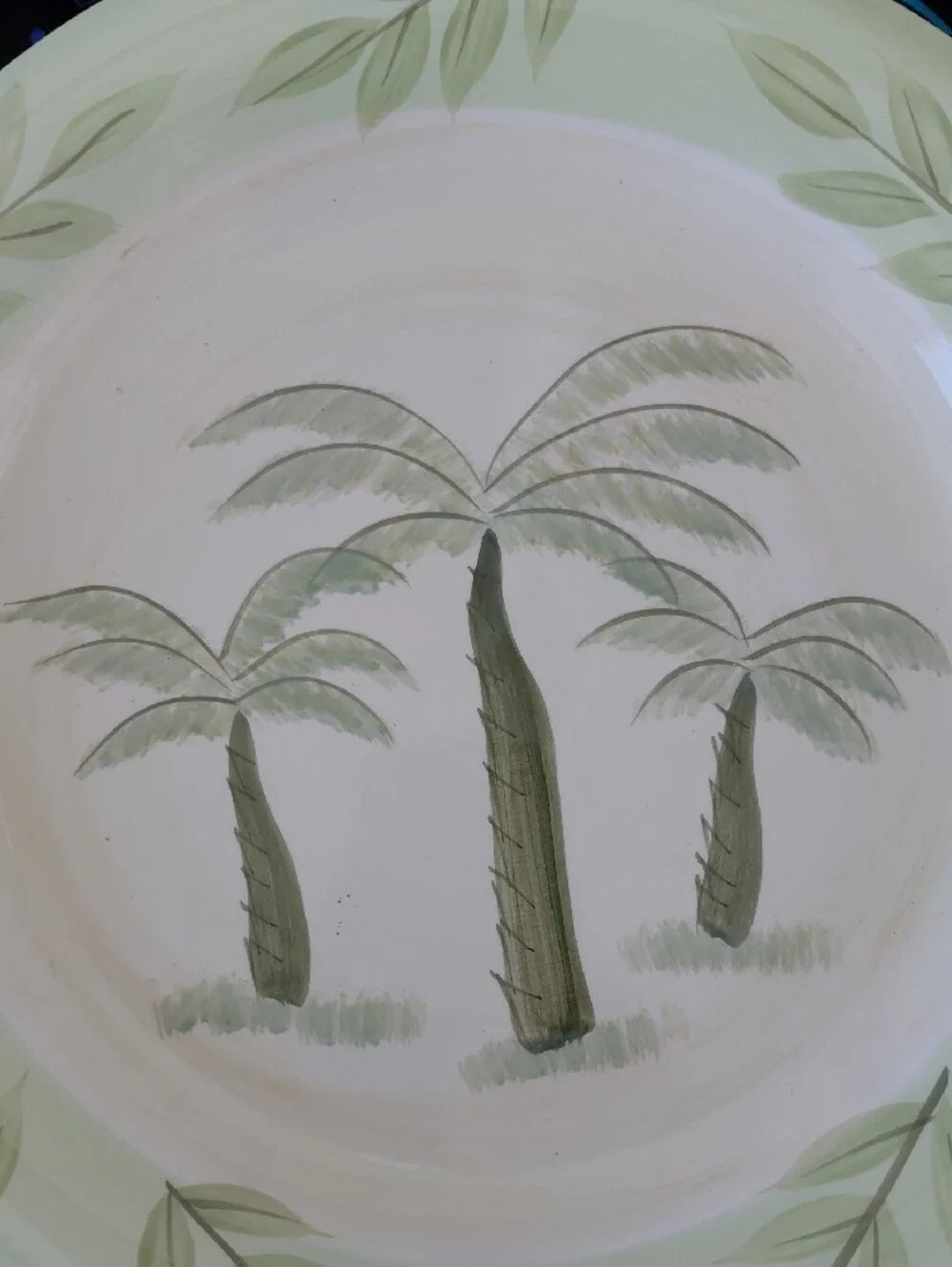 Hand-Painted Palm Tree Ceramic Dinner Plate in Sage Green Set Of 4 Plates Only.